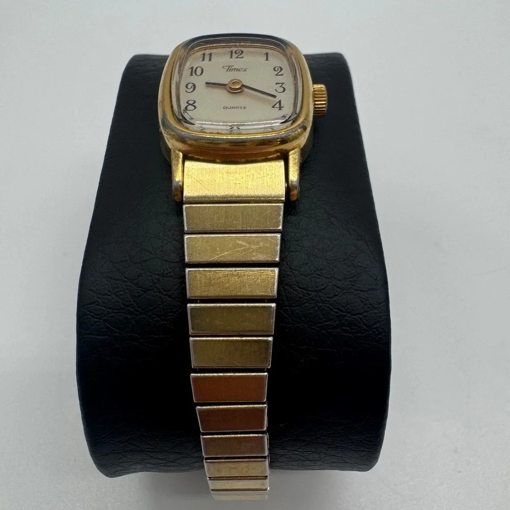 Vintage Timex Quartz Watch Gold Tone Cushion Case Expansion Band needs bat